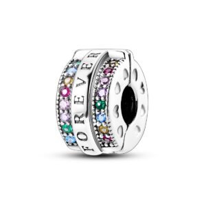 sterling silver rainbow pavé “forever” clip stopper charm – pandora style compatible