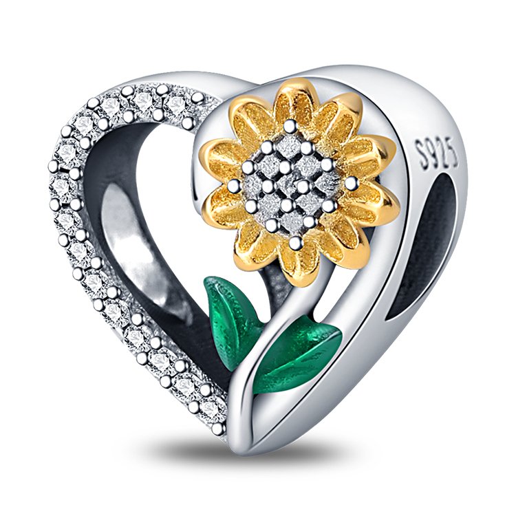 Two Tone Sunflower Heart Charm | S925 Sterling Silver | Pandora Charm Design