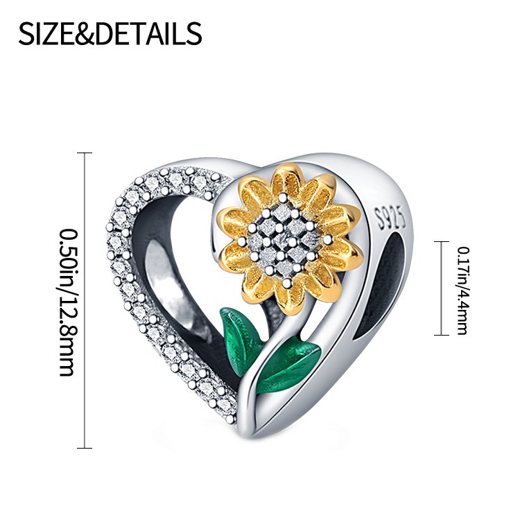 Two Tone Sunflower Heart Charm | S925 Sterling Silver | Pandora Charm Design - Image 3