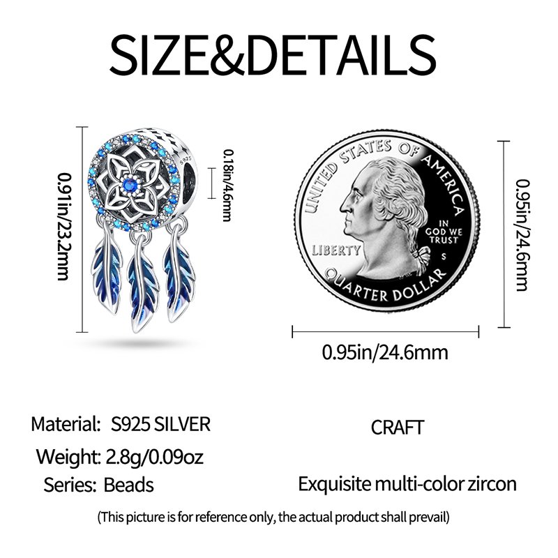 Pandora compatible dreamcatcher charm with blue enamel feathers