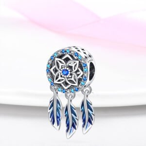 925 sterling silver blue dream catcher dangle charm with enamel feathers – pandora style compatible