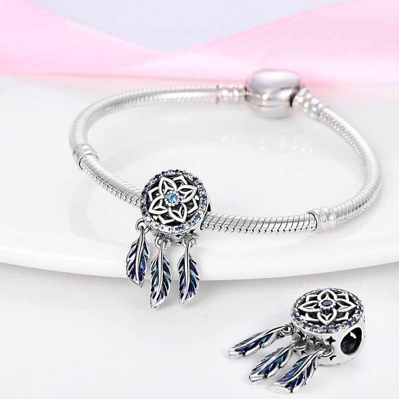 925 sterling silver blue dream catcher dangle charm with enamel feathers – pandora style compatible