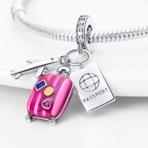 s925 sterling silver travel triple dangle charm – pink suitcase, passport & airplane | pandora style compatible