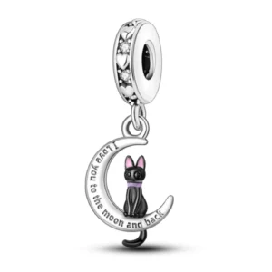 i love you to the moon & back” black cat dangle charm – s925 sterling silver | pandora style compatible