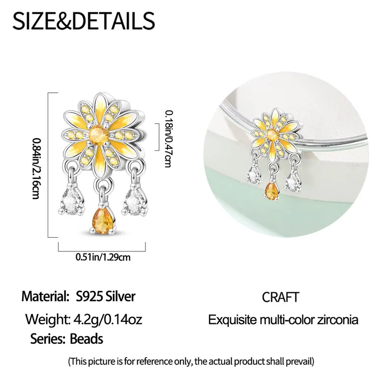 Yellow Daisy Bead Charm | S925 Sterling Silver | Pandora Charm - Image 2