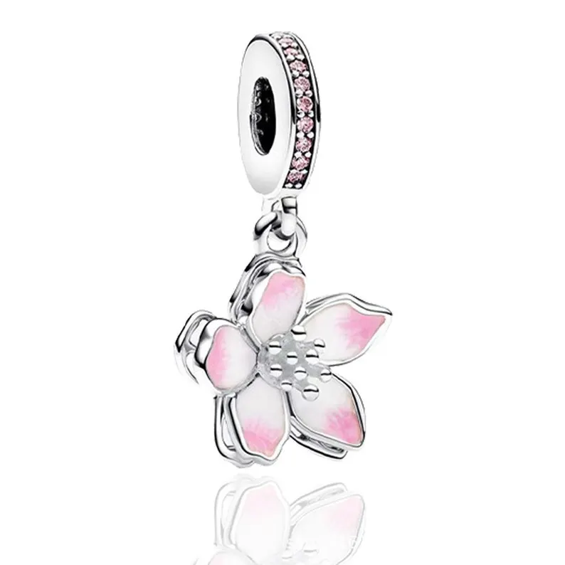 Pink blossom dangle charm sterling silver