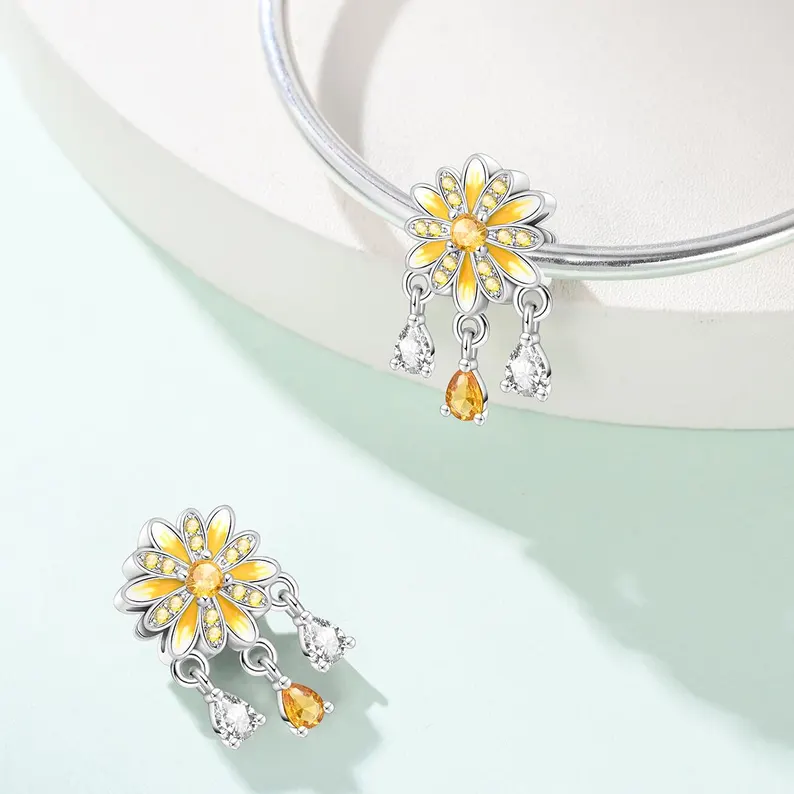 Yellow Daisy Bead Charm | S925 Sterling Silver | Pandora Charm - Image 3