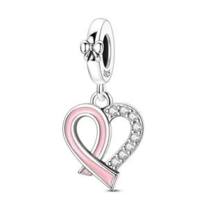 Pink ribbon heart sterling silver charm