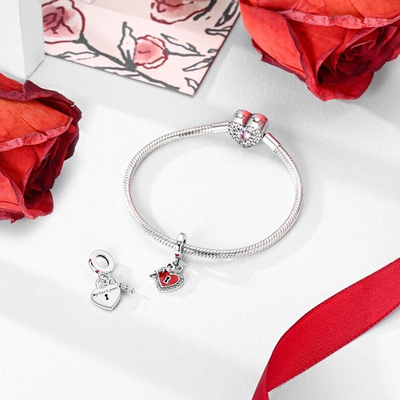 Valentine’s Heart Lock Key Pendant Charm | S925 Sterling Silver | Pandora Charm Design - Image 4