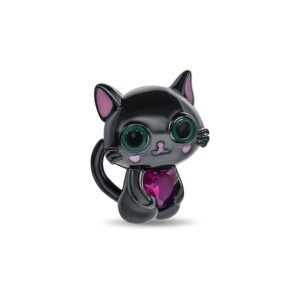 Black cat CZ heart silver charm