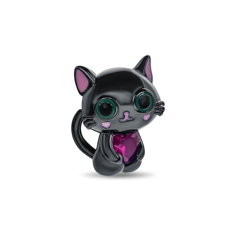 Black cat CZ heart silver charm