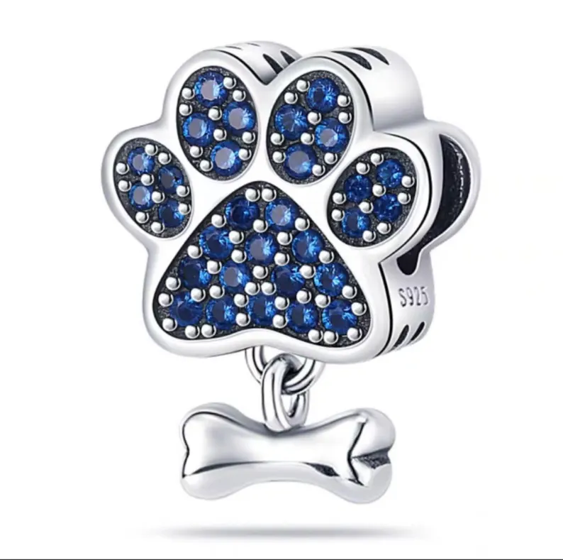 Blue paw print dog bone charm