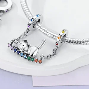 Cat dangle charm rainbow gemstone beads