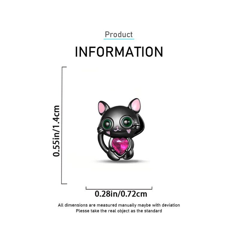 Black Cat CZ Heart Charm | S925 Sterling Silver | Pandora Charm Design - Image 2