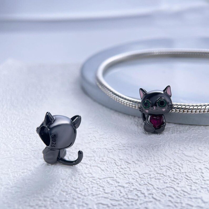 Black Cat CZ Heart Charm | S925 Sterling Silver | Pandora Charm Design - Image 4